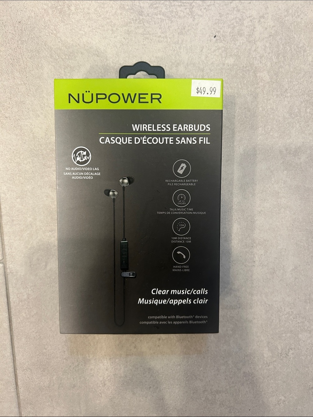 NÜPOWER Wireless Earbuds in Black and Lime Green Packaging